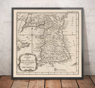 Old Map of Korea in 1764 by Bellin - North, South, Seoul, Pyongyang, Peninsula, Joseon Dynasty, Busan, Daegu