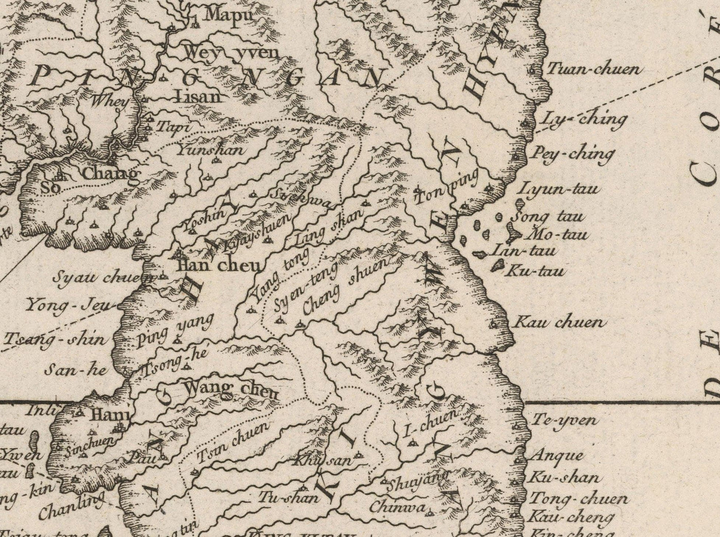 Mapa antiguo de Corea en 1764 por Bellin - Norte, Sur, Seúl, Pyongyang, Península, Dinastía Joseon, Busan, Daegu