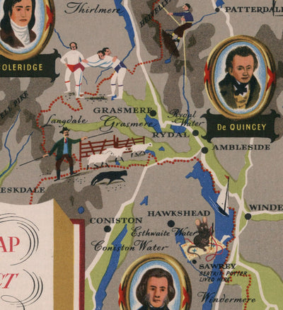 Alte Karte des Lake District, 1950 - Windermere, Derwentwater, Coniston, Lakeland, Keswick, Penrith, Cumbria 