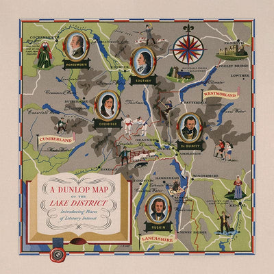 Alte Karte des Lake District, 1950 - Windermere, Derwentwater, Coniston, Lakeland, Keswick, Penrith, Cumbria 