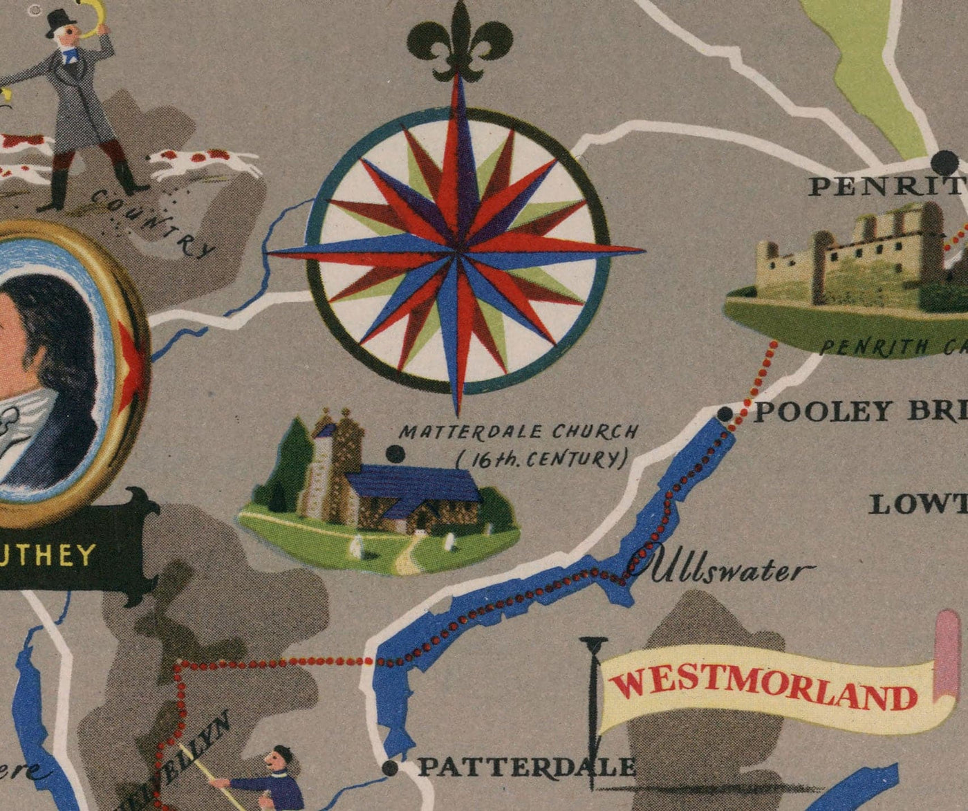 Alte Karte des Lake District, 1950 - Windermere, Derwentwater, Coniston, Lakeland, Keswick, Penrith, Cumbria 