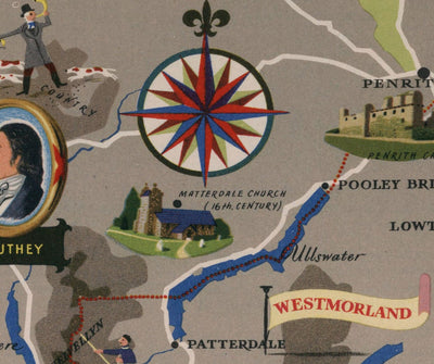 Alte Karte des Lake District, 1950 - Windermere, Derwentwater, Coniston, Lakeland, Keswick, Penrith, Cumbria 