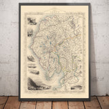 Ancienne carte de la lacune, 1851 par Tallis & Rapkin - Cumbria, Westmorland, Lancashire, Windermere, Lakeland