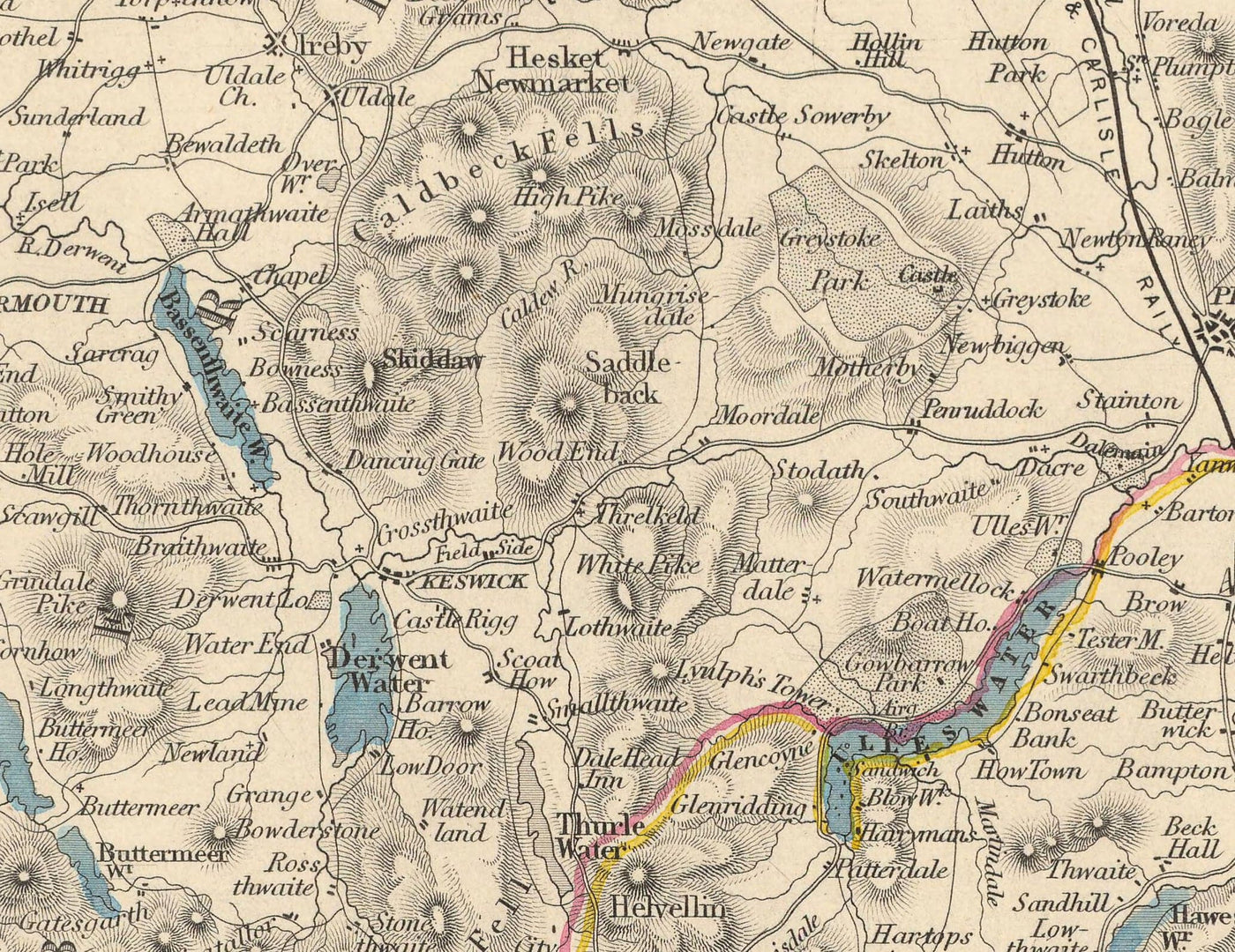 Ancienne carte de la lacune, 1851 par Tallis & Rapkin - Cumbria, Westmorland, Lancashire, Windermere, Lakeland