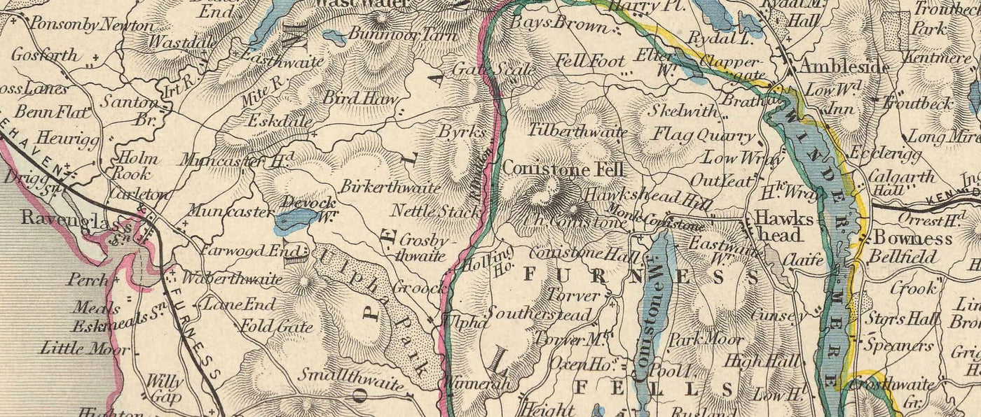 Ancienne carte de la lacune, 1851 par Tallis & Rapkin - Cumbria, Westmorland, Lancashire, Windermere, Lakeland