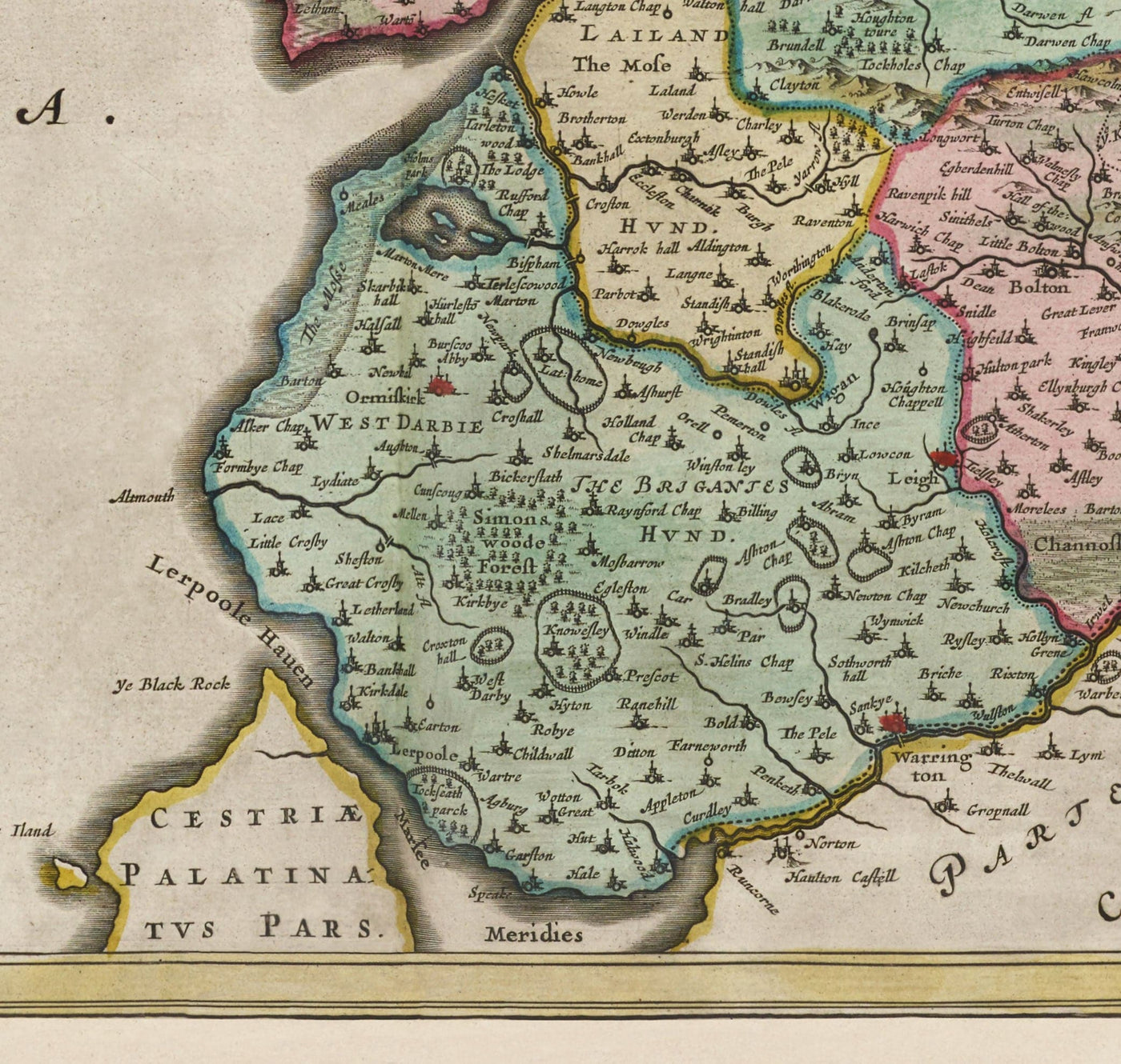 Ancienne carte du Lancashire, 1654 par Joan Blaeu - Manchester, Liverpool, Preston, Blackburn, Windermere 