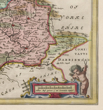 Ancienne carte du Lancashire, 1654 par Joan Blaeu - Manchester, Liverpool, Preston, Blackburn, Windermere 