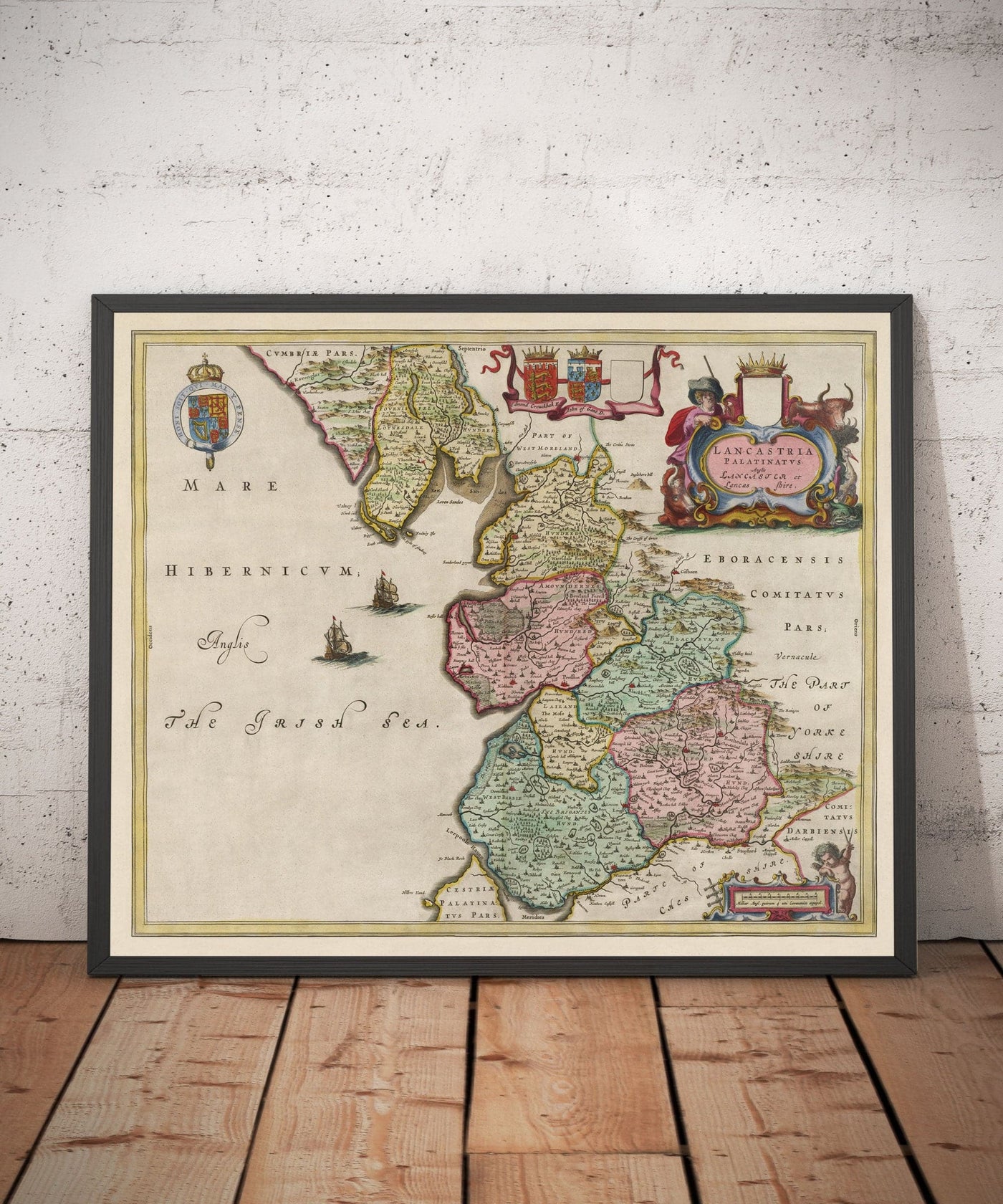 Ancienne carte du Lancashire, 1654 par Joan Blaeu - Manchester, Liverpool, Preston, Blackburn, Windermere 