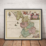 Alte Karte von Lancashire, 1654 von Joan Blaeu - Manchester, Liverpool, Preston, Blackburn, Windermere 