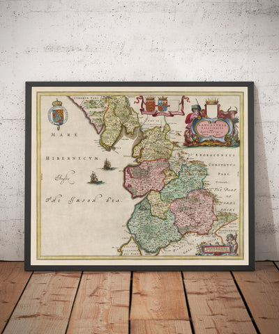 Ancienne carte du Lancashire, 1654 par Joan Blaeu - Manchester, Liverpool, Preston, Blackburn, Windermere 