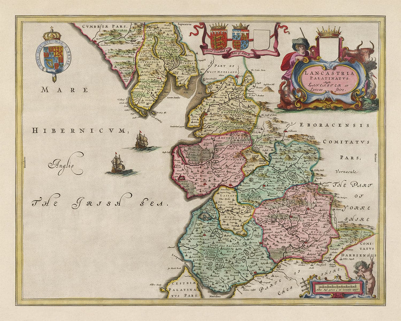Ancienne carte du Lancashire, 1654 par Joan Blaeu - Manchester, Liverpool, Preston, Blackburn, Windermere 
