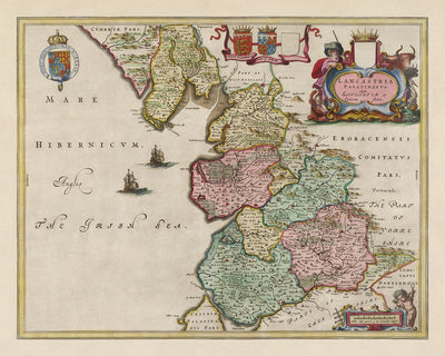 Ancienne carte du Lancashire, 1654 par Joan Blaeu - Manchester, Liverpool, Preston, Blackburn, Windermere 