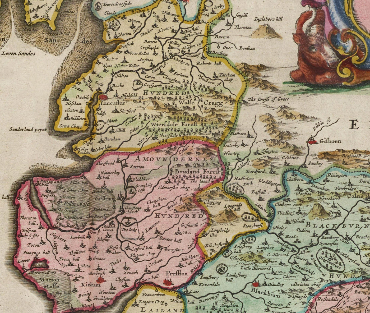 Ancienne carte du Lancashire, 1654 par Joan Blaeu - Manchester, Liverpool, Preston, Blackburn, Windermere 