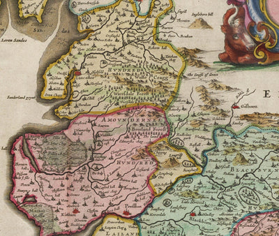 Ancienne carte du Lancashire, 1654 par Joan Blaeu - Manchester, Liverpool, Preston, Blackburn, Windermere 