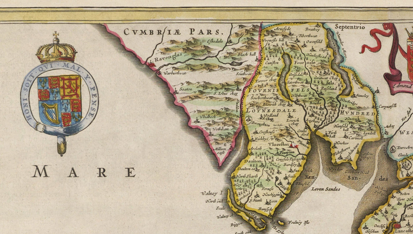 Ancienne carte du Lancashire, 1654 par Joan Blaeu - Manchester, Liverpool, Preston, Blackburn, Windermere 