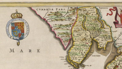 Ancienne carte du Lancashire, 1654 par Joan Blaeu - Manchester, Liverpool, Preston, Blackburn, Windermere 