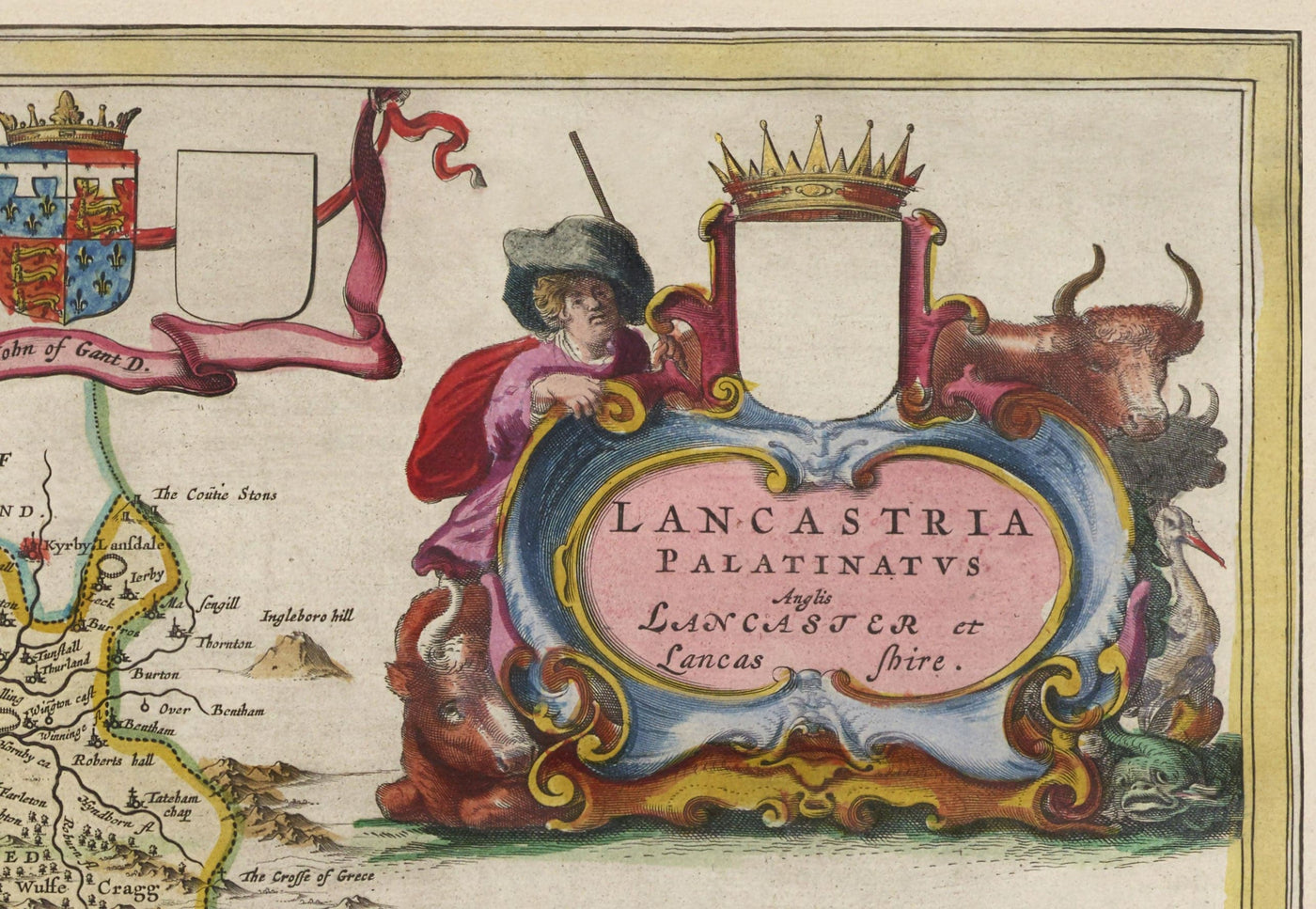 Ancienne carte du Lancashire, 1654 par Joan Blaeu - Manchester, Liverpool, Preston, Blackburn, Windermere 