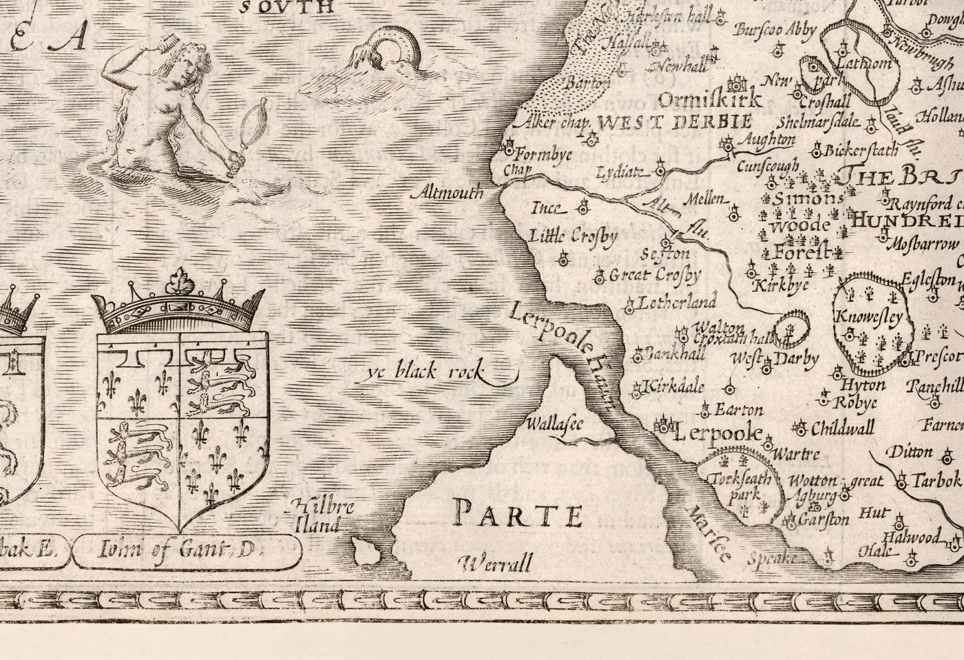 Old Map of Lancashire, 1611 by John Speed - Manchester, Liverpool, Preston, Blackburn, Burnley, Windermere