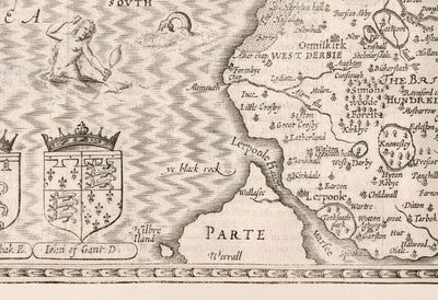 Old Map of Lancashire, 1611 by John Speed - Manchester, Liverpool, Preston, Blackburn, Burnley, Windermere