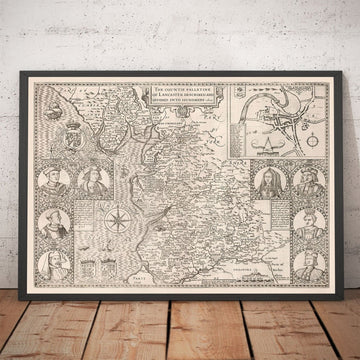 Old Map of Lancashire, 1611 by John Speed - Manchester, Liverpool, Preston, Blackburn, Burnley, Windermere