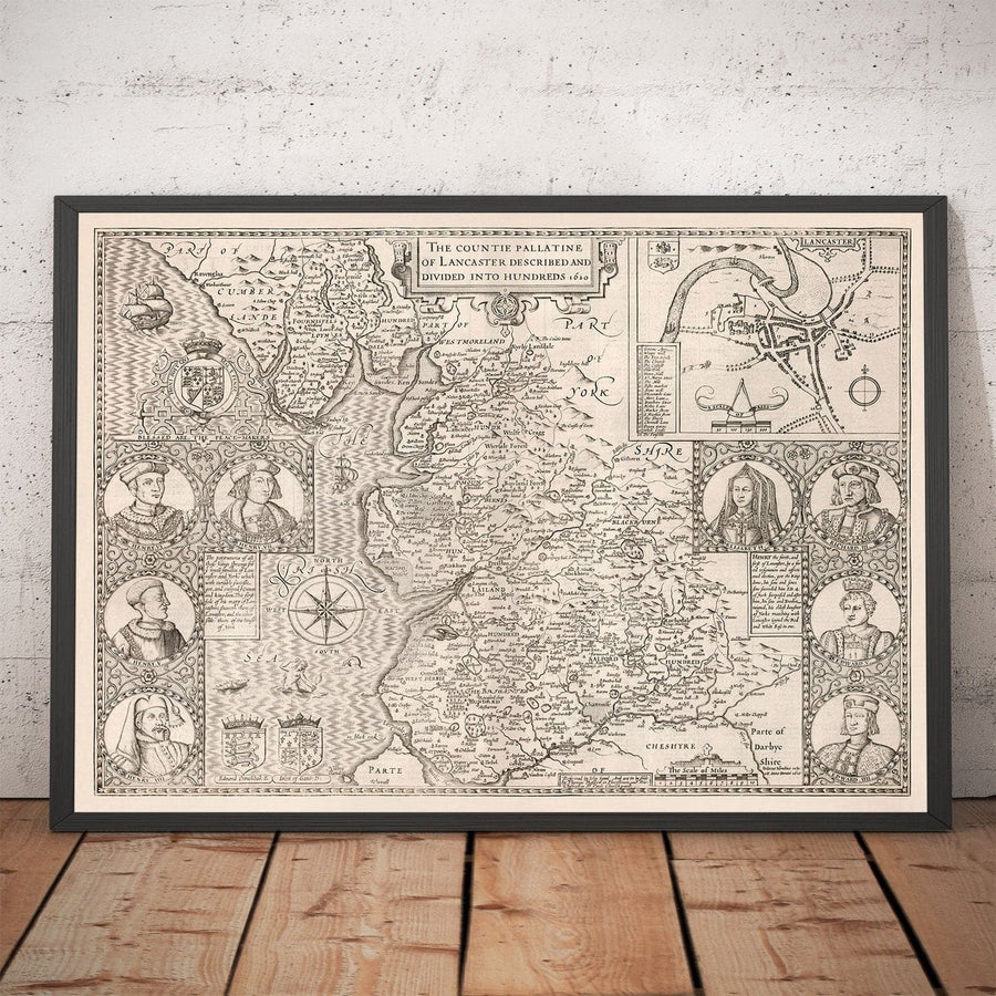 Ancienne carte du Lancashire, 1611 par John Speed - Manchester, Liverpool, Preston, Blackburn, Burnley, Windermere 