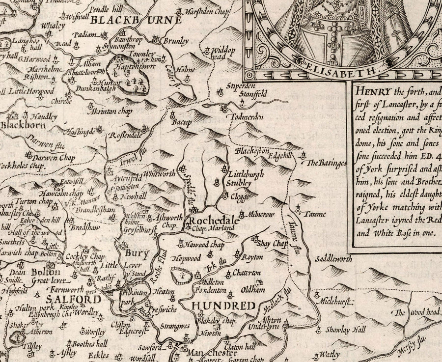 Ancienne carte du Lancashire, 1611 par John Speed - Manchester, Liverpool, Preston, Blackburn, Burnley, Windermere 
