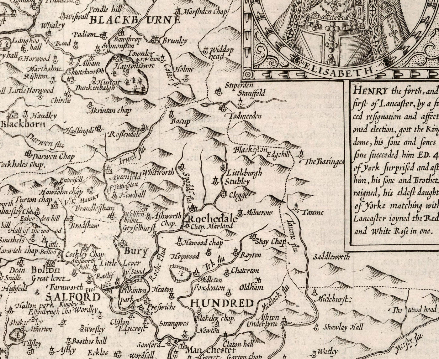 Old Map of Lancashire, 1611 by John Speed - Manchester, Liverpool, Preston, Blackburn, Burnley, Windermere
