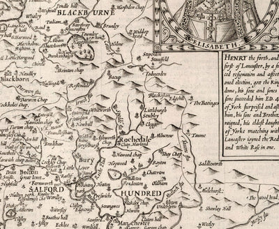 Old Map of Lancashire, 1611 by John Speed - Manchester, Liverpool, Preston, Blackburn, Burnley, Windermere