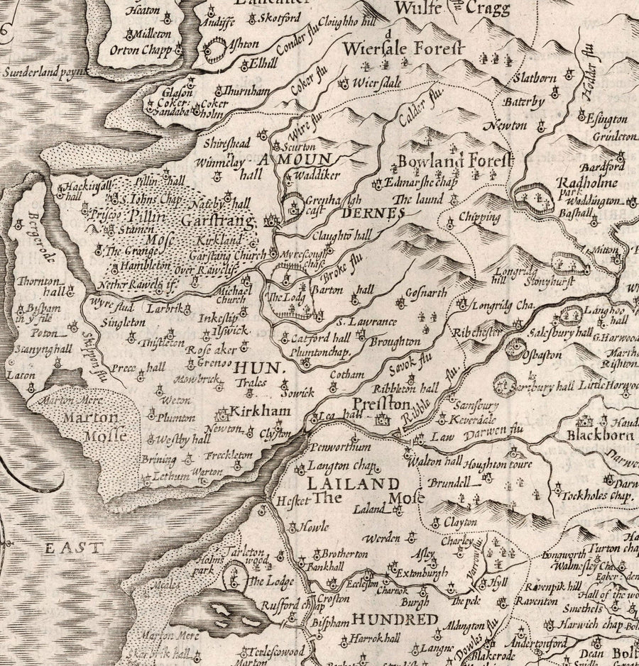 Ancienne carte du Lancashire, 1611 par John Speed - Manchester, Liverpool, Preston, Blackburn, Burnley, Windermere 