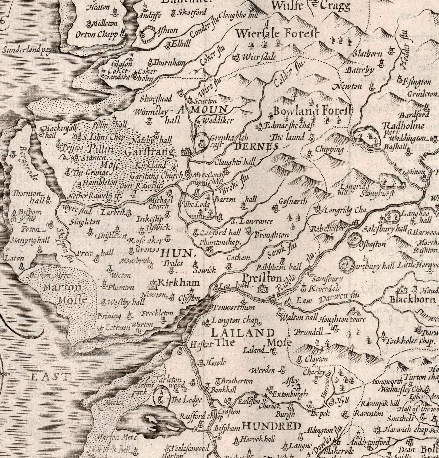 Old Map of Lancashire, 1611 by John Speed - Manchester, Liverpool, Preston, Blackburn, Burnley, Windermere