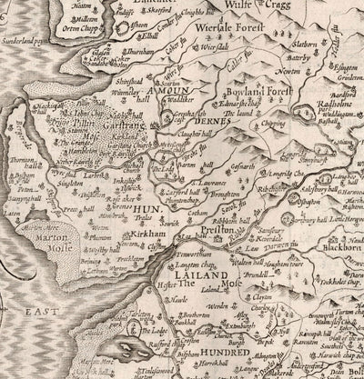 Old Map of Lancashire, 1611 by John Speed - Manchester, Liverpool, Preston, Blackburn, Burnley, Windermere