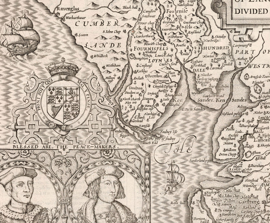 Ancienne carte du Lancashire, 1611 par John Speed - Manchester, Liverpool, Preston, Blackburn, Burnley, Windermere 