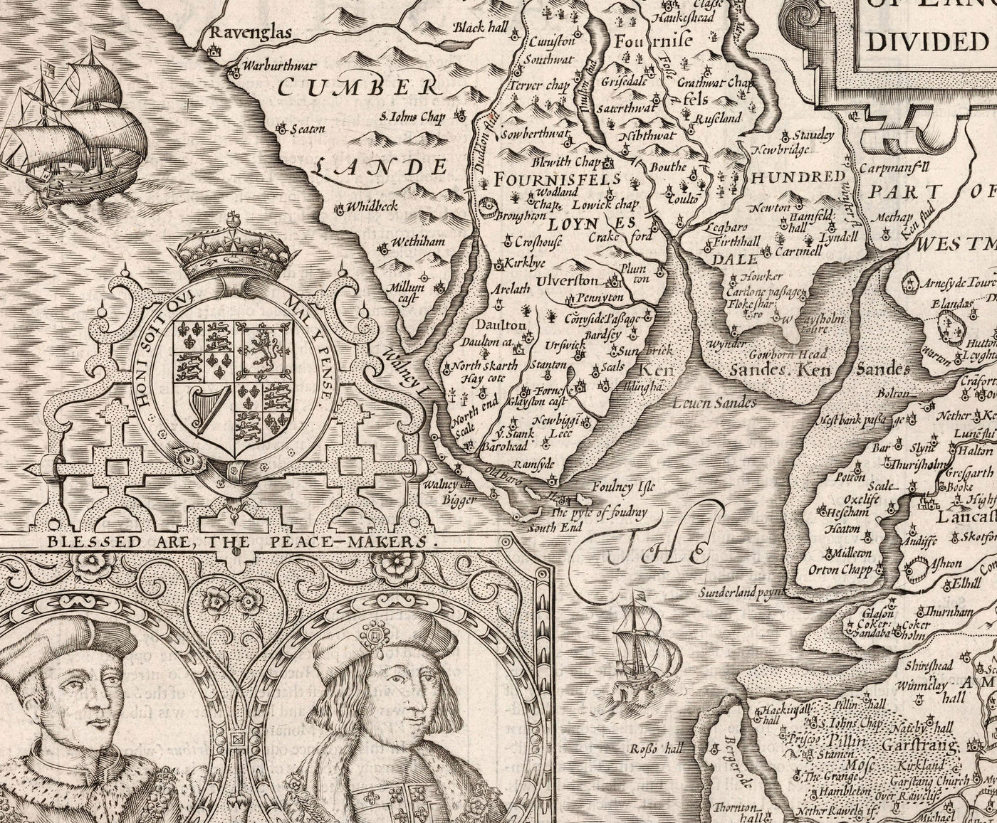 Old Map of Lancashire, 1611 by John Speed - Manchester, Liverpool, Preston, Blackburn, Burnley, Windermere