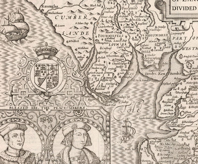 Old Map of Lancashire, 1611 by John Speed - Manchester, Liverpool, Preston, Blackburn, Burnley, Windermere