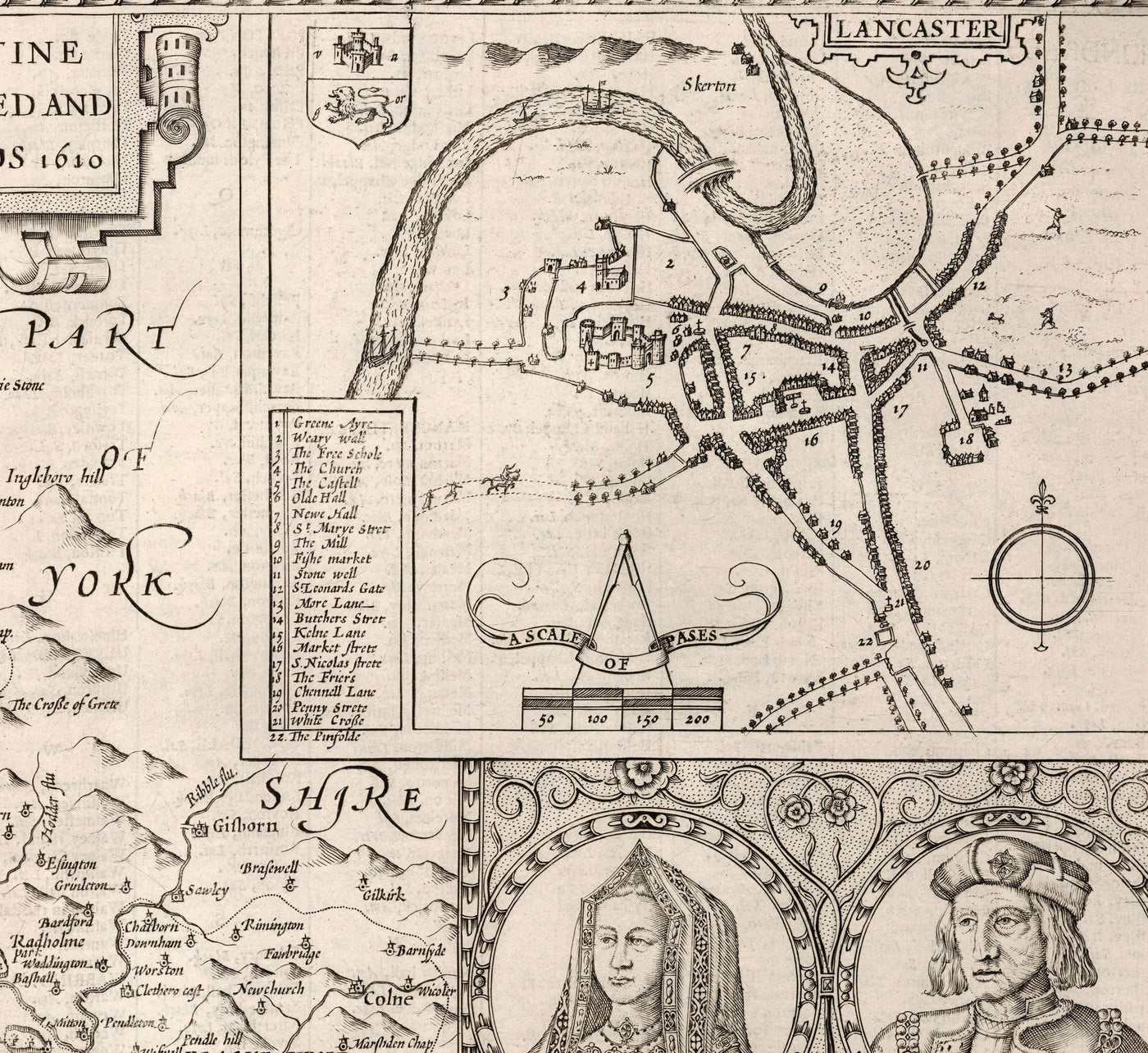 Old Map of Lancashire, 1611 by John Speed - Manchester, Liverpool, Preston, Blackburn, Burnley, Windermere