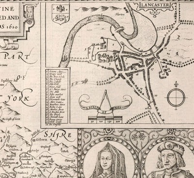Old Map of Lancashire, 1611 by John Speed - Manchester, Liverpool, Preston, Blackburn, Burnley, Windermere