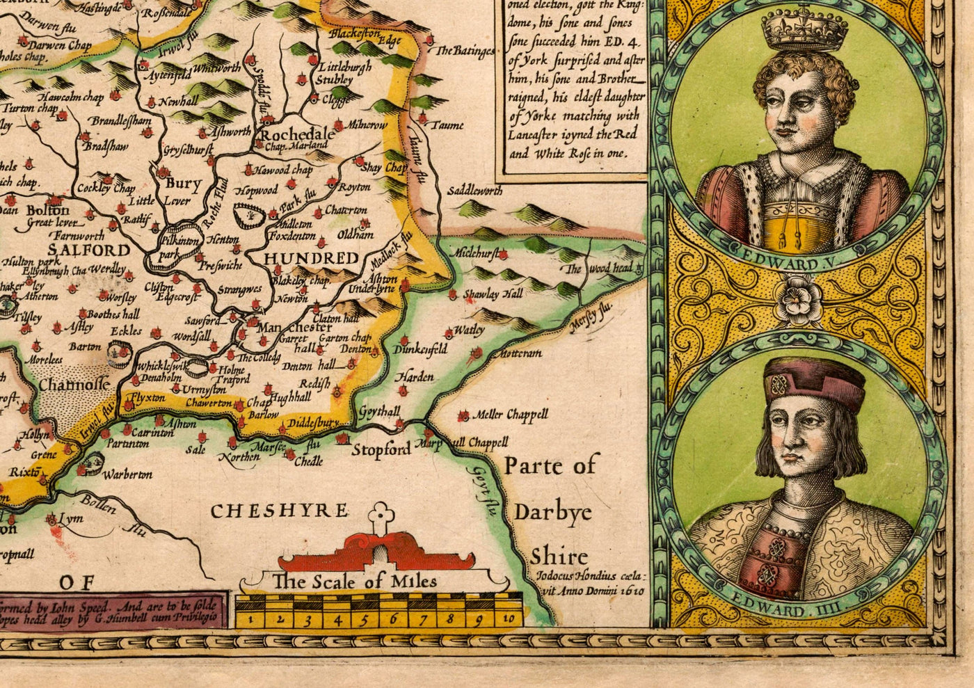 Antigua mapa de Lancashire en 1611 por John Speed - Manchester, Liverpool, Preston, Blackburn, Windermere 