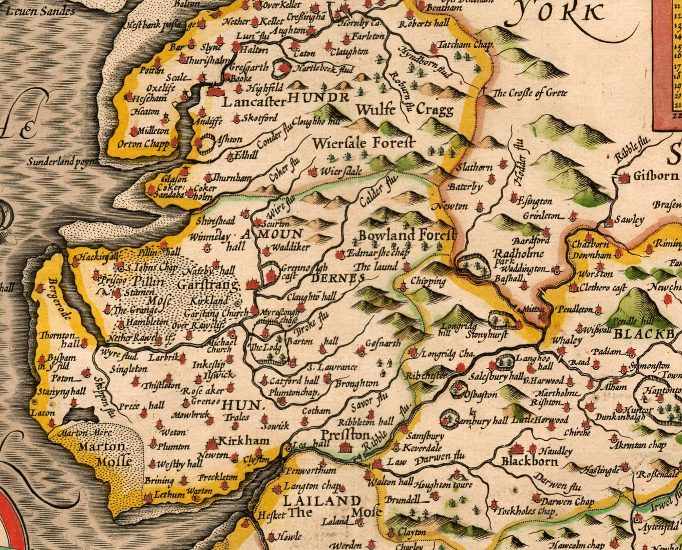 Antigua mapa de Lancashire en 1611 por John Speed - Manchester, Liverpool, Preston, Blackburn, Windermere 