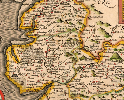 Antigua mapa de Lancashire en 1611 por John Speed - Manchester, Liverpool, Preston, Blackburn, Windermere 