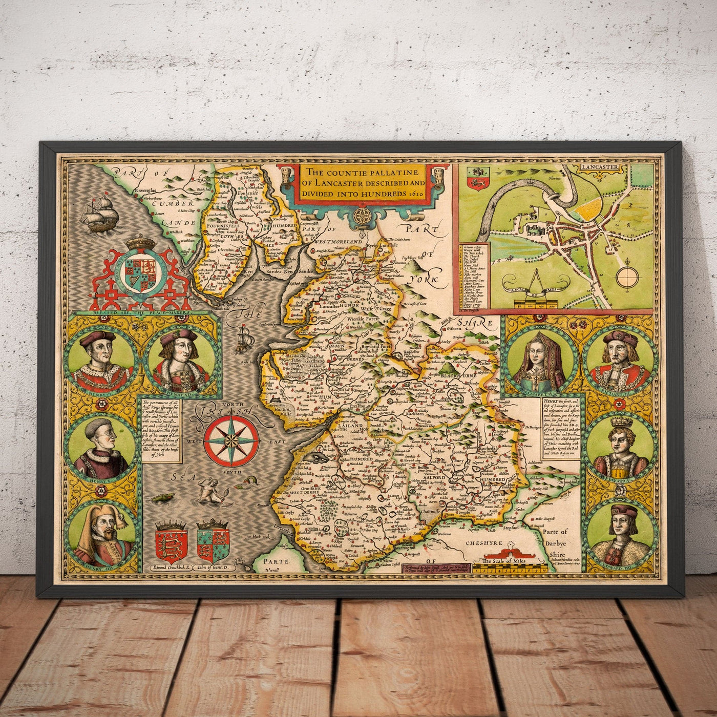 Antigua mapa de Lancashire en 1611 por John Speed - Manchester, Liverpool, Preston, Blackburn, Windermere 