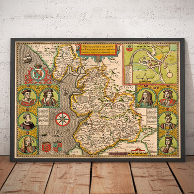 Antigua mapa de Lancashire en 1611 por John Speed - Manchester, Liverpool, Preston, Blackburn, Windermere 