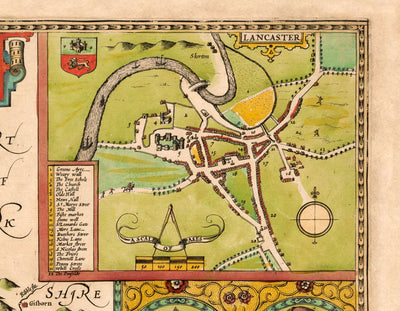 Antigua mapa de Lancashire en 1611 por John Speed - Manchester, Liverpool, Preston, Blackburn, Windermere 