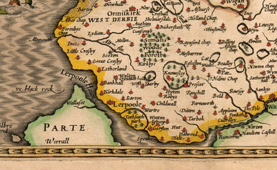 Antigua mapa de Lancashire en 1611 por John Speed - Manchester, Liverpool, Preston, Blackburn, Windermere 