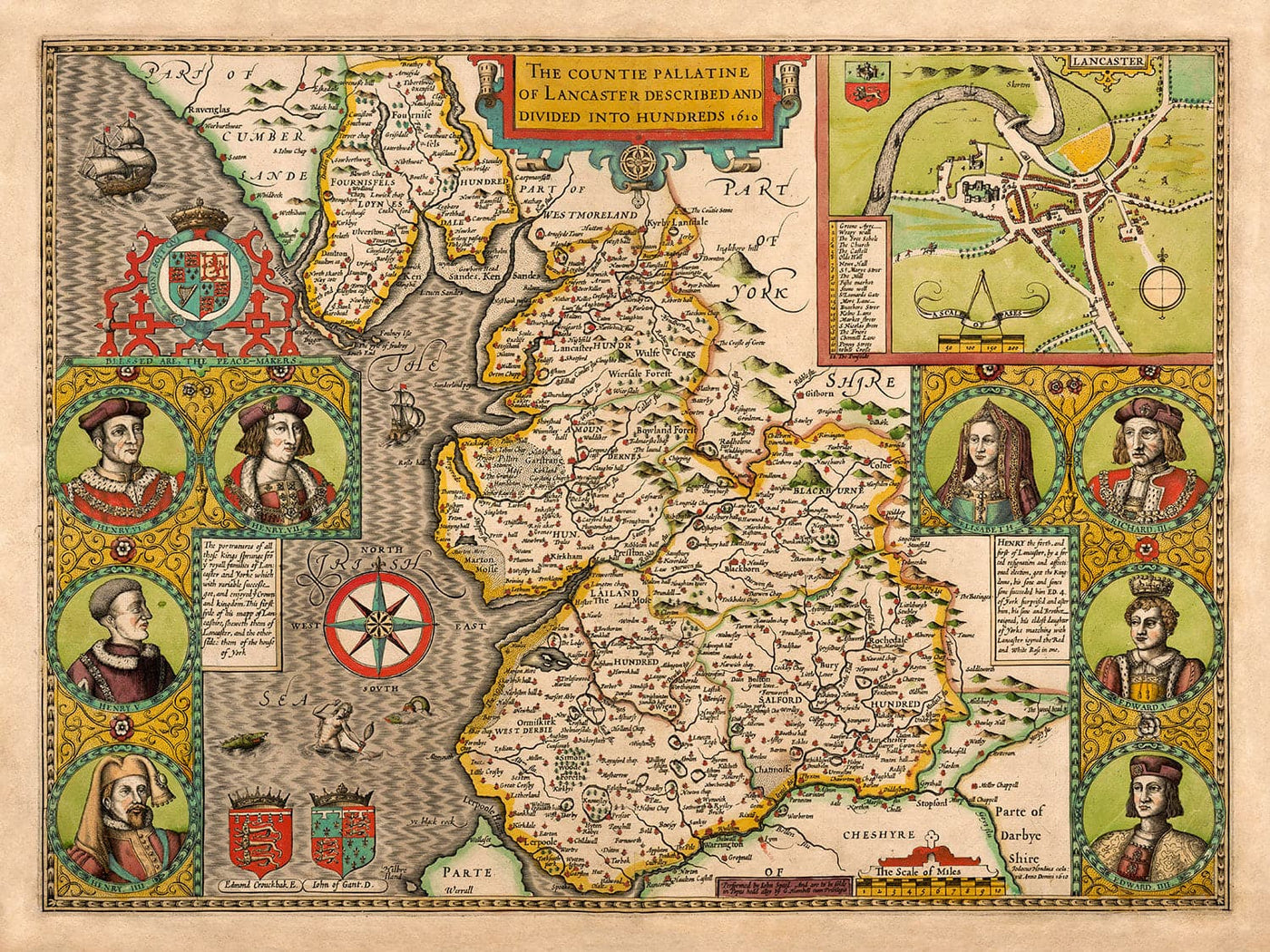 Antigua mapa de Lancashire en 1611 por John Speed - Manchester, Liverpool, Preston, Blackburn, Windermere 