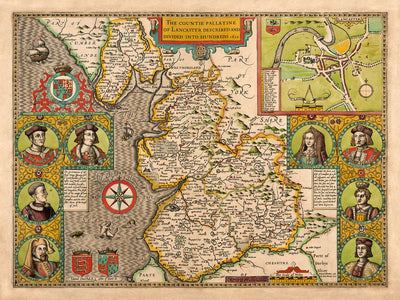 Antigua mapa de Lancashire en 1611 por John Speed - Manchester, Liverpool, Preston, Blackburn, Windermere 
