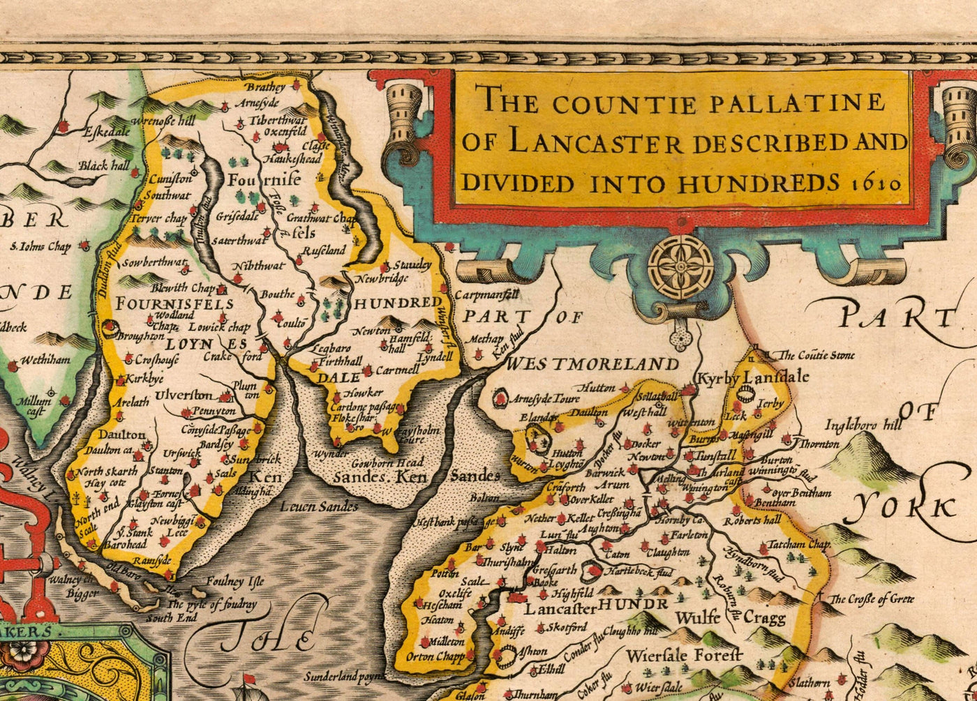 Antigua mapa de Lancashire en 1611 por John Speed - Manchester, Liverpool, Preston, Blackburn, Windermere 