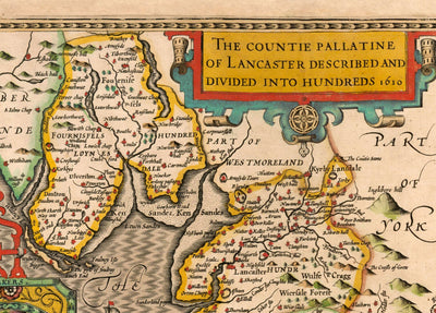 Antigua mapa de Lancashire en 1611 por John Speed - Manchester, Liverpool, Preston, Blackburn, Windermere 