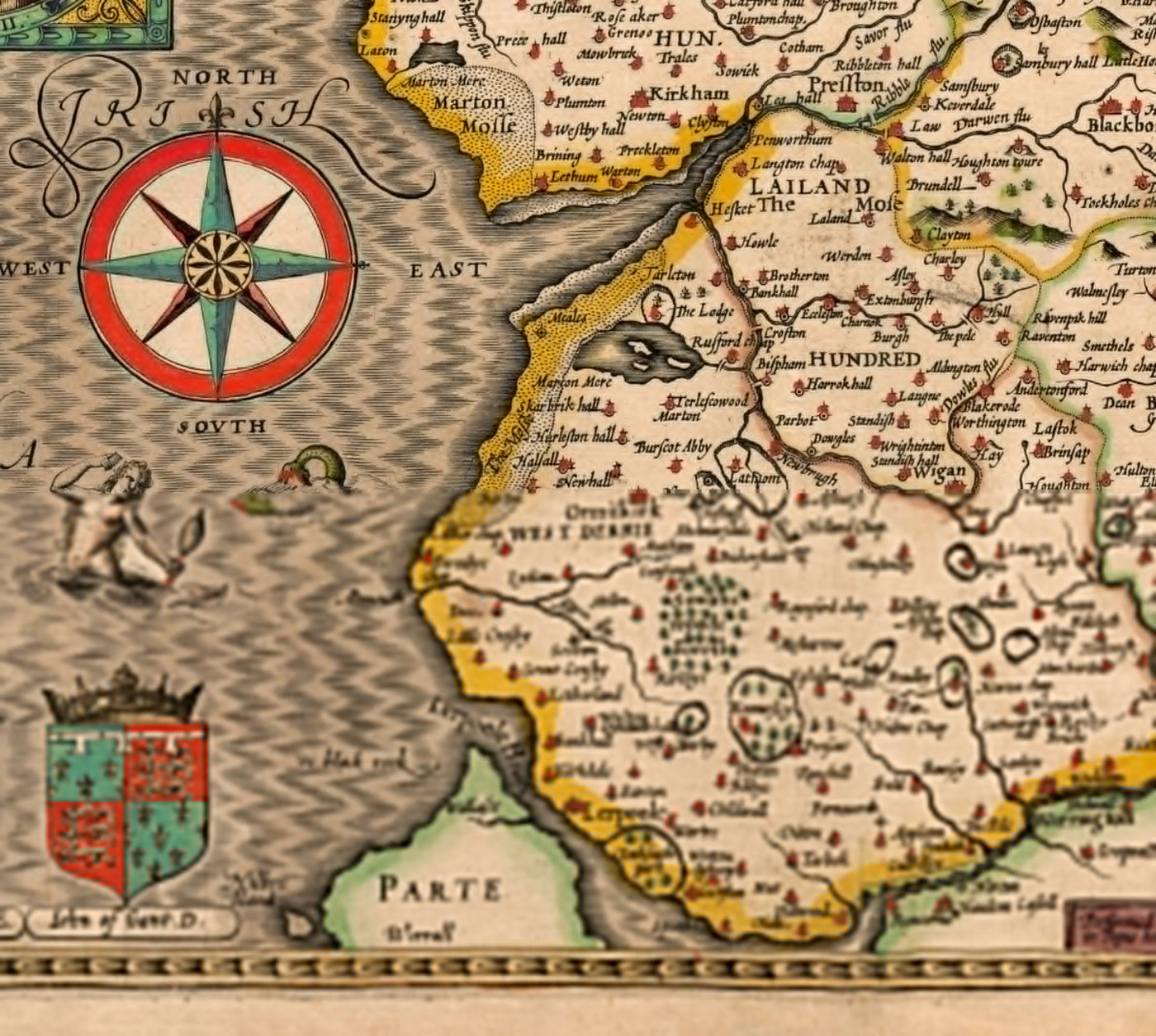 Antigua mapa de Lancashire en 1611 por John Speed - Manchester, Liverpool, Preston, Blackburn, Windermere 