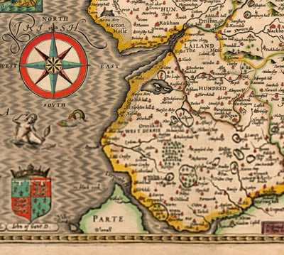 Antigua mapa de Lancashire en 1611 por John Speed - Manchester, Liverpool, Preston, Blackburn, Windermere 