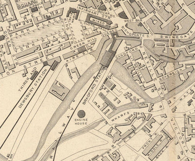 Raro mapa antiguo de Leeds en 1851 por John Rapkin